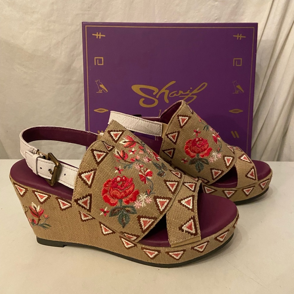 Sharif khaki floral multi- color canvas wedge sandals ankle strap open toes NWT